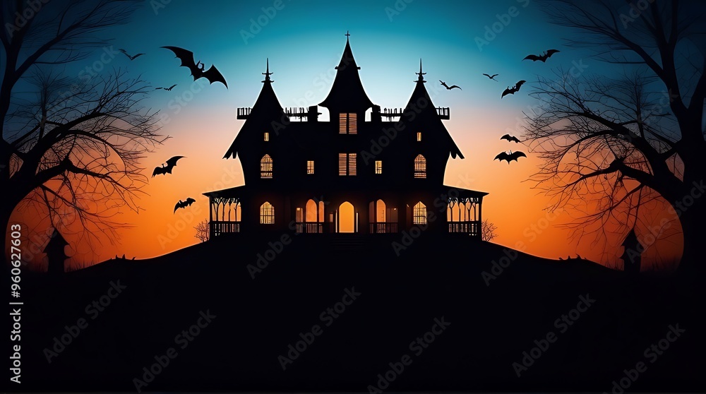 spooky halloween haunted house silhouette bats trees spooky halloween haunted house silhouette bats trees