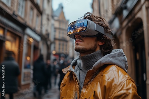 A man experiences augmented reality navigation in a bustling city.