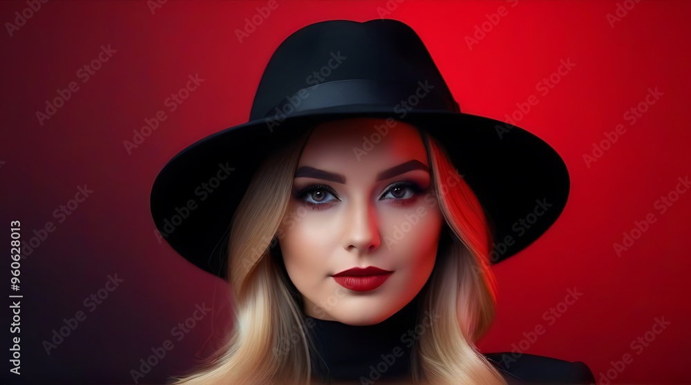 young woman black hat red black background halloween black friday autumn sales flyer young woman black hat red black background halloween black friday autumn sales flyer