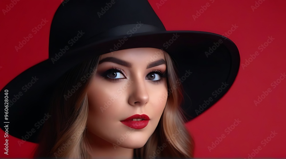 young woman black hat red black background halloween black friday autumn sales flyer young woman black hat red black background halloween black friday autumn sales flyer