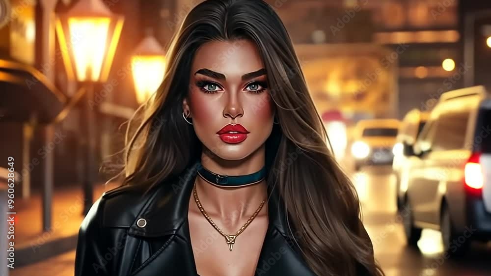 Young Woman in a Leather Jacket Walking on a City Street at Dusk Generative AI Young Woman in a Leather Jacket Walking on a City Street at Dusk Generative AI