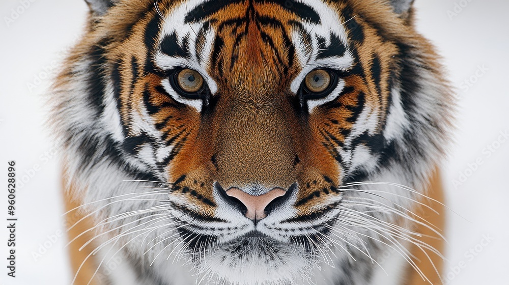 Close-up of a tiger's face with detailed features on a white background Close-up of a tiger's face with detailed features on a white background