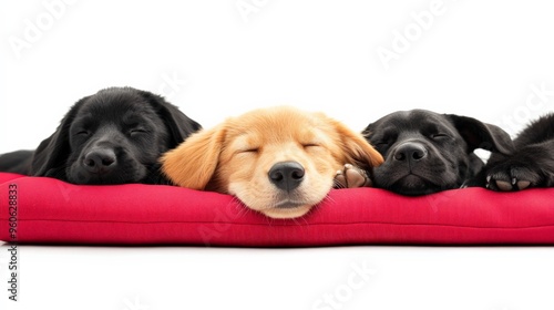 Three adorable puppies sleeping peacefully on a red cushion against a white background, showcasing their cuteness and tranquility.