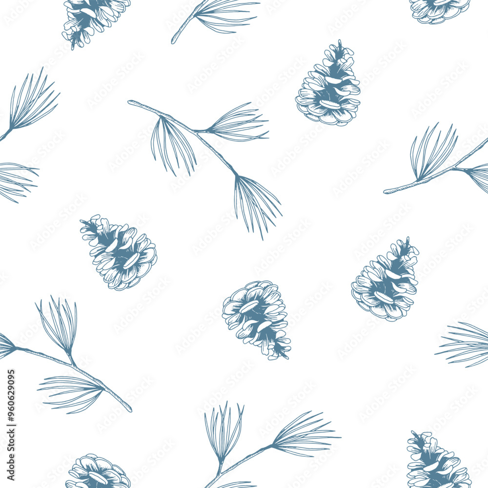 Obraz premium Seamless pattern with pinecones and pine branches on a white background. Hand drawn botanical illustration in graphic style