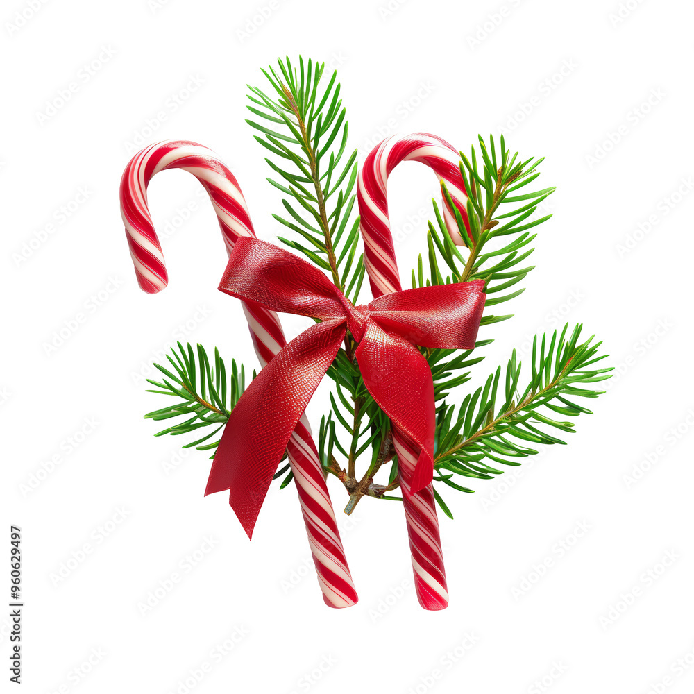 A festive Christmas candy cane bouquet tied with a red ribbon, with evergreen branches as decoration. Perfect for holiday-themed designs.
