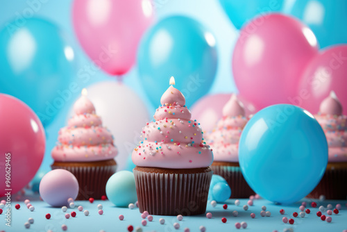 generated illustration of birthday cupcake in pastel color with balloons.