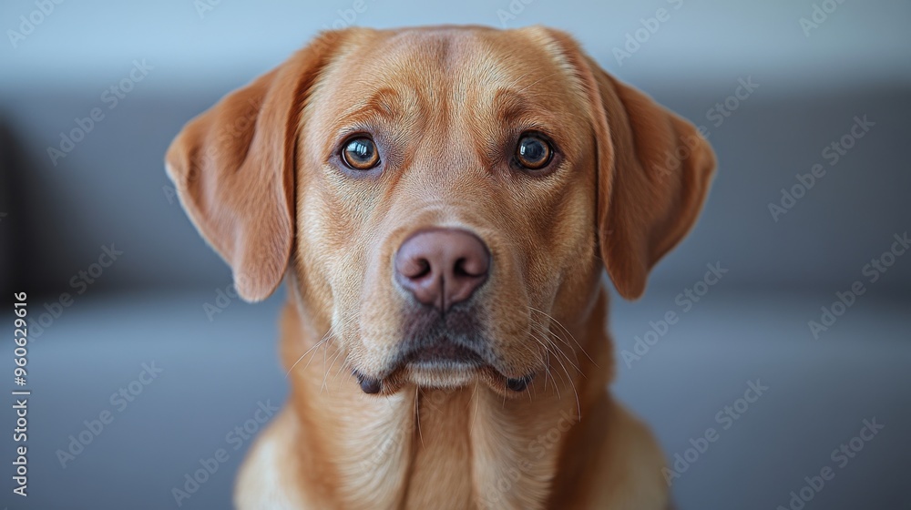 Close-up of service dog on white background