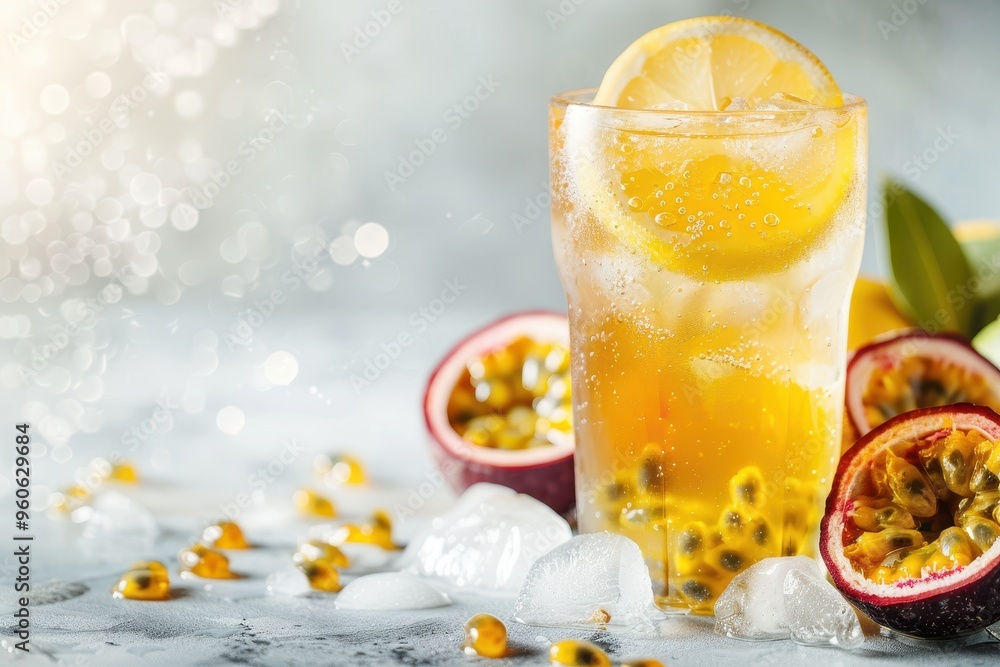 Refreshing passion fruit soda with lemon slice and passion fruit garnish on light background space for text Refreshing passion fruit soda with lemon slice and passion fruit garnish on light background space for text