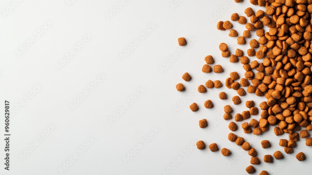 Top view of scattered brown pet food pellets on white background. Ample space for text or design. Ideal for pet food packaging or advertisement. Top view of scattered brown pet food pellets on white background. Ample space for text or design. Ideal for pet food packaging or advertisement.
