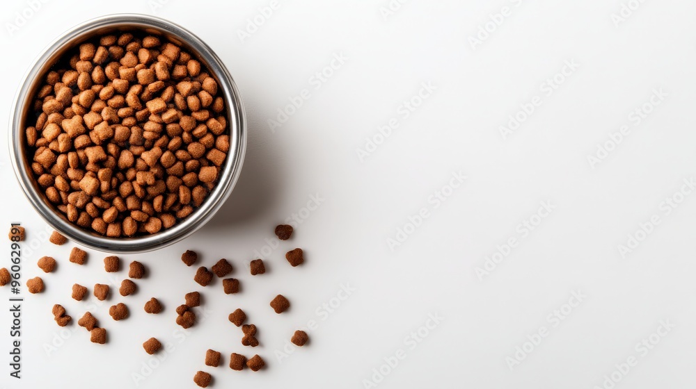 Top view of stainless steel bowl filled with dry cat food on white background with scattered kibbles. Ideal for pet-related content. Top view of stainless steel bowl filled with dry cat food on white background with scattered kibbles. Ideal for pet-related content.