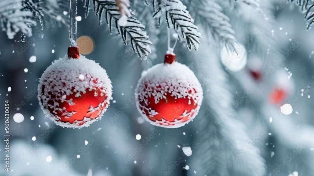 red Christmas balls and fir tree in snow red Christmas balls and fir tree in snow