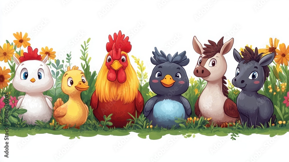 Colorful farm animal clipart including a duck, rooster, and donkey on a white background Colorful farm animal clipart including a duck, rooster, and donkey on a white background