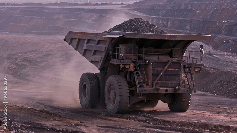 Hauling ore in a huge dump truck over the terraced paths of a deep open pit mine. The concept of developing a deposit of something. Large-scale mining operations. Illustration for varied design. Hauling ore in a huge dump truck over the terraced paths of a deep open pit mine. The concept of developing a deposit of something. Large-scale mining operations. Illustration for varied design.