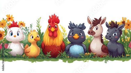 Colorful farm animal clipart including a duck, rooster, and donkey on a white background