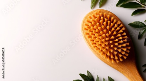 Wooden body brush with natural bristles on a white background with green leaves. Perfect for skincare and self-care routines. photo