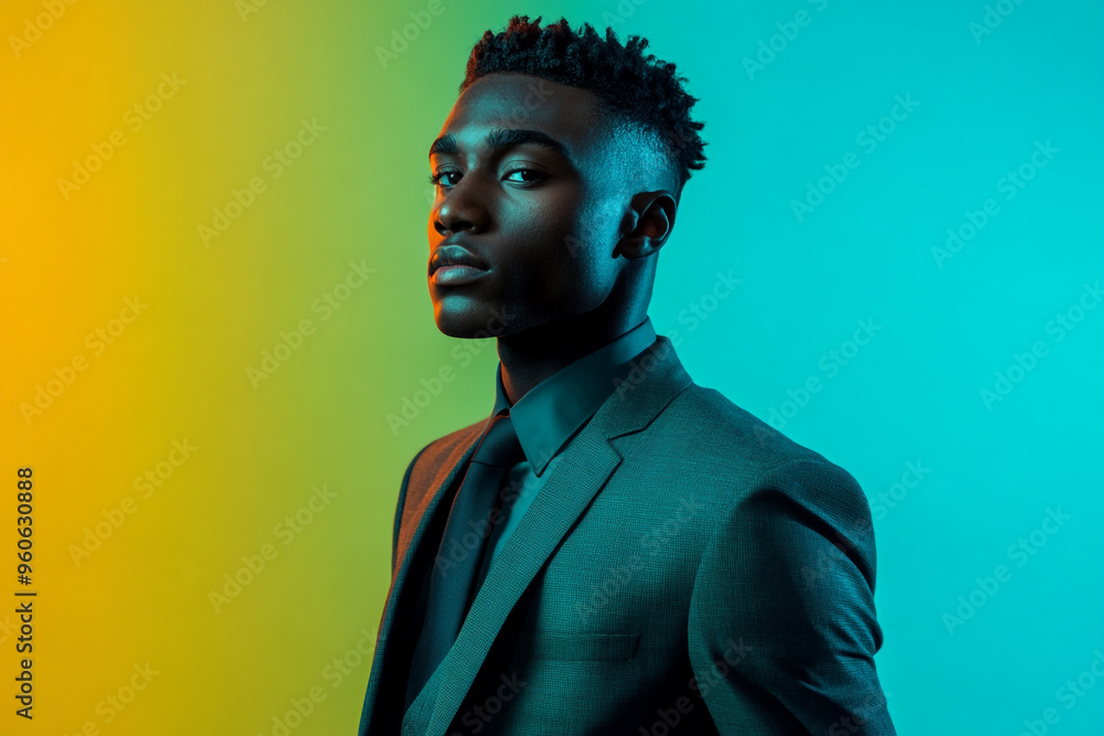 Stylish Mens Charcoal Gray Suit with Solid Neon Teal High Energy Fashion Lifestyle Portrait Background Stylish Mens Charcoal Gray Suit with Solid Neon Teal High Energy Fashion Lifestyle Portrait Background