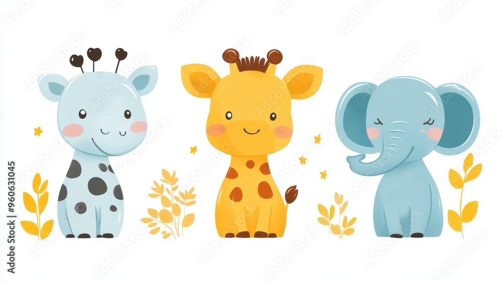Obraz premium Cute animal clipart including a giraffe, zebra, and elephant on a white background