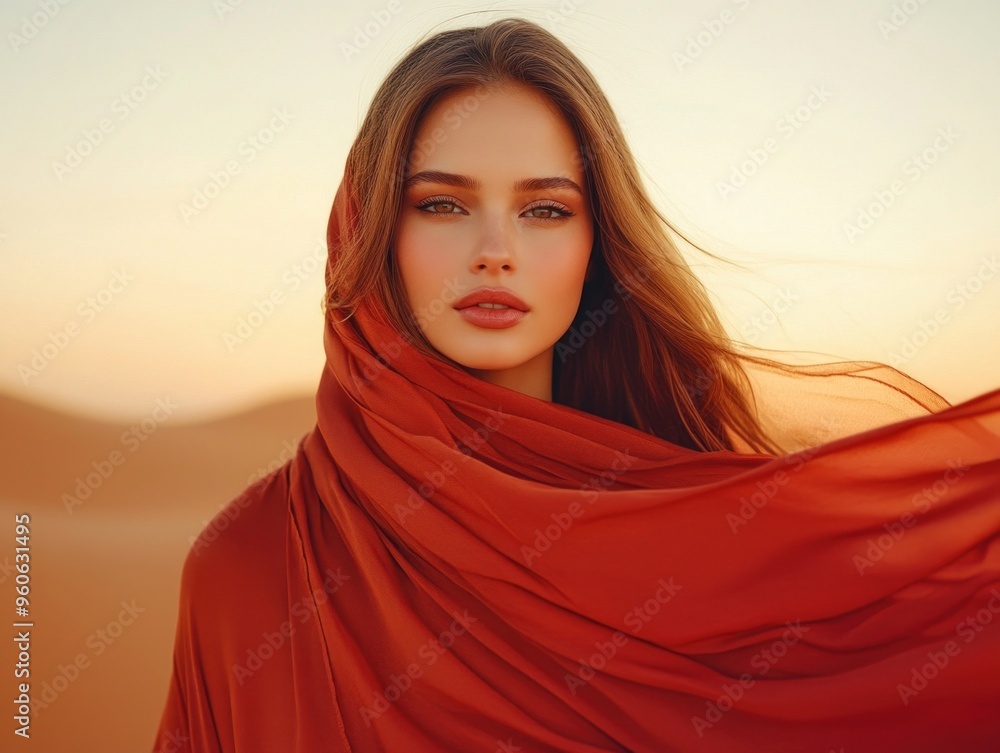 A woman wearing a red scarf stands in the desert A woman wearing a red scarf stands in the desert