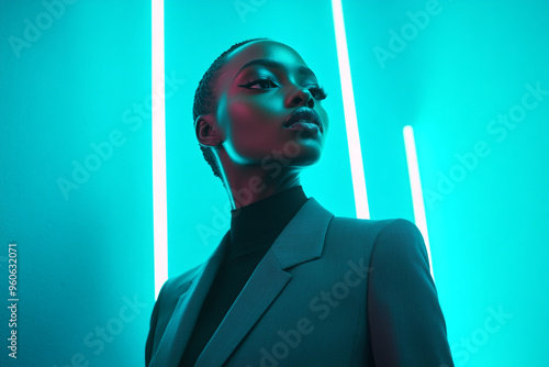 Fashionable Womans Charcoal Gray Suit with Solid Neon Teal Trendsetting Fashion Lifestyle Portrait Background