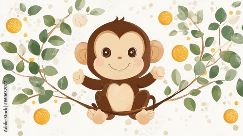 Cute monkey clipart swinging from a vine on a white background photo