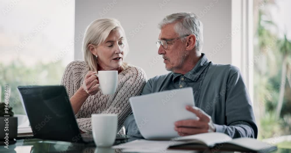 Finance, documents and mature couple on laptop in home for budget, financial review and mortgage payment. Retirement, paperwork and man and woman on computer for online banking, bills and insurance Finance, documents and mature couple on laptop in home for budget, financial review and mortgage payment. Retirement, paperwork and man and woman on computer for online banking, bills and insurance