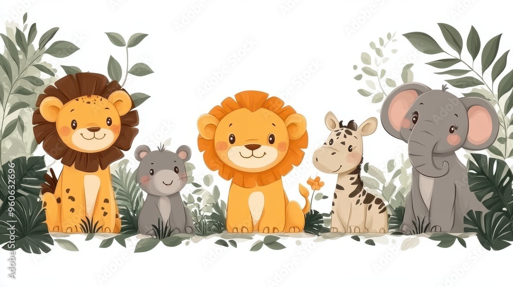 Cute safari animals in a border design on white background Cute safari animals in a border design on white background
