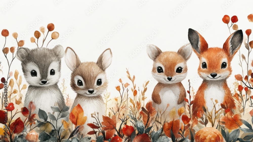 Obraz premium Cute woodland animals on a birthday invitation with white background