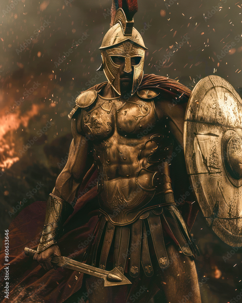 Spartan warrior in golden armor with shield and helmet Spartan warrior in golden armor with shield and helmet