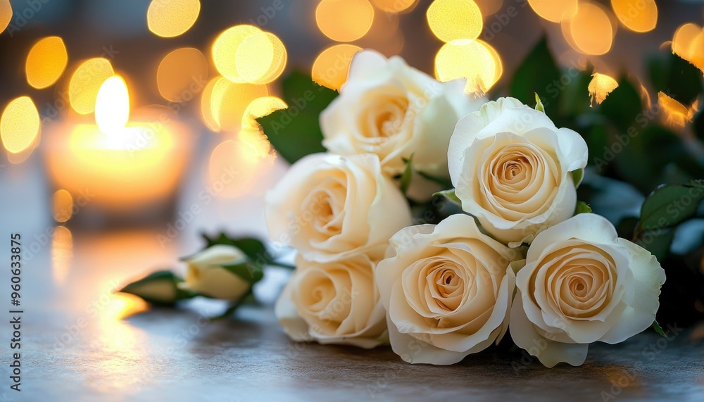 A Bouquet of Cream Roses with a Blurred Candle in the Background A Bouquet of Cream Roses with a Blurred Candle in the Background
