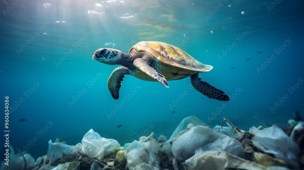 Tropical turtle and plastic bag in ocean underwater space. Neural network ai generated art Tropical turtle and plastic bag in ocean underwater space. Neural network ai generated art