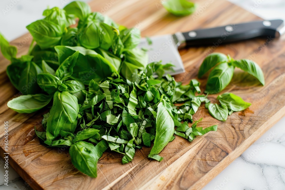 Sliced Genovese basil leaves on a wood cutting board with a knife Sliced Genovese basil leaves on a wood cutting board with a knife