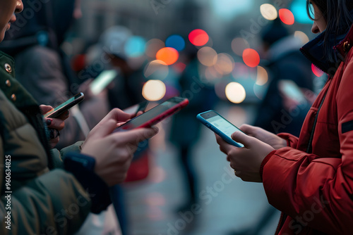 Varias personas sujetando sus smartphone en la calle.