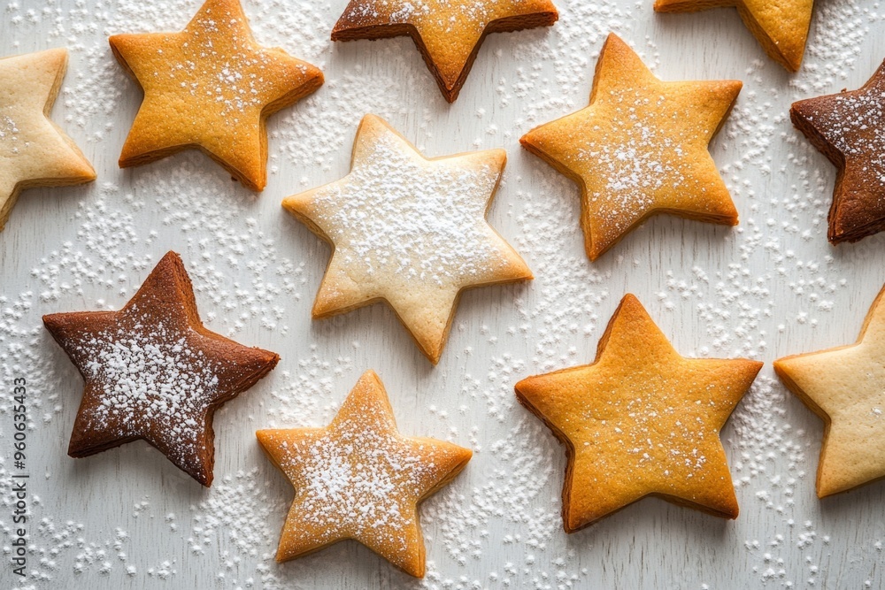 Festive Star-Shaped Cookies with Powdered Sugar on White Background - Sweet Holiday Treats and Baking Concept Festive Star-Shaped Cookies with Powdered Sugar on White Background - Sweet Holiday Treats and Baking Concept