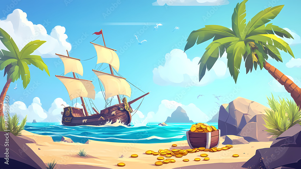 Modern cartoon seascape with broken pirate ship and treasure chest on ...