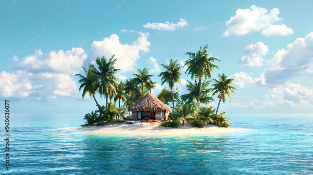 Tiny tropical island with hut and palms surrounded sea blue water, generative ai. Tropical Island. Illustration Tiny tropical island with hut and palms surrounded sea blue water, generative ai. Tropical Island. Illustration
