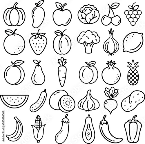 Fruits and vegetables line icons vector set
