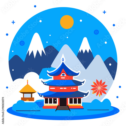 Spiritual retreat in mountains featuring a vibrant temple, serene atmosphere, and colorful scenery