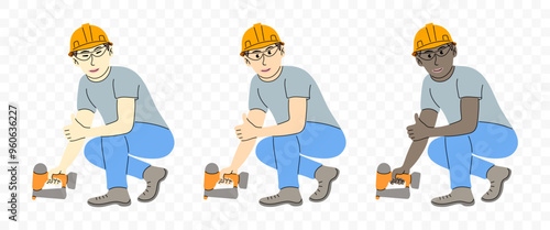 Builder or roofer with nailer or nailgun, graphic design. Construction, repair, construction tools and people, vector design and illustration