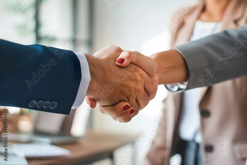Foto de cerca de hombre y mujer dándose un apretón de mano.