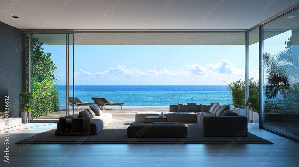 Fototapeta premium A stylish living room with a beautiful view of the ocean.