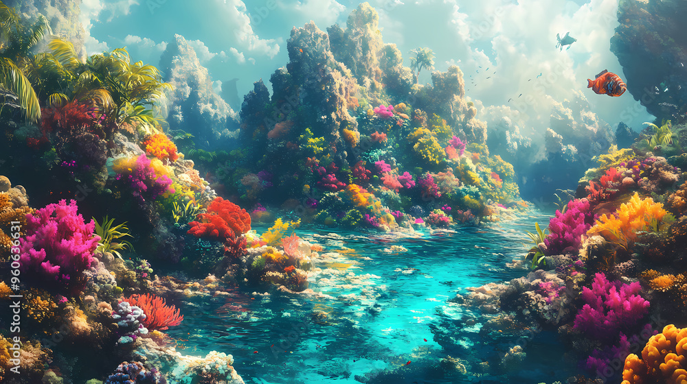 A breathtaking painting of a paradise on earth, depicting a lush, tropical island teeming with vibrant coral reefs. generative ai. Tropical Island. Illustration A breathtaking painting of a paradise on earth, depicting a lush, tropical island teeming with vibrant coral reefs. generative ai. Tropical Island. Illustration