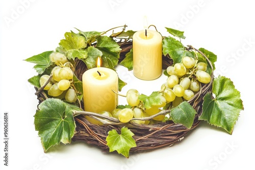 croatia's martinje, a macro shot of a traditional martinje wreath made of grape leaves and vines, adorned with candles and ribbons illustration photo