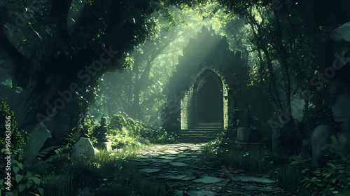 A hidden sanctuary deep within an enchanted forest. Enchanted Forest. Illustration
