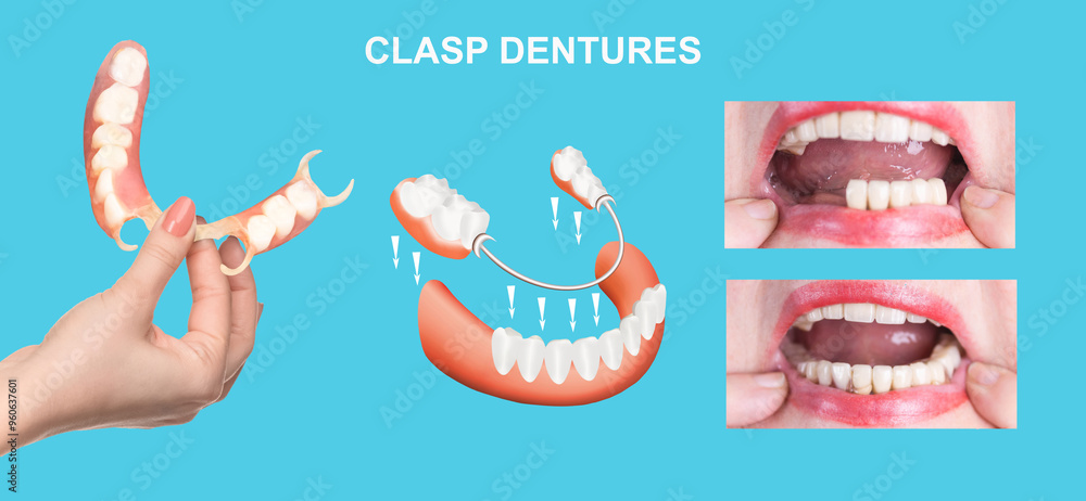 flexible nylon denture on female hand. Removable dentures flexible, devoid of nylon, hypoallergenic exempt from monomer