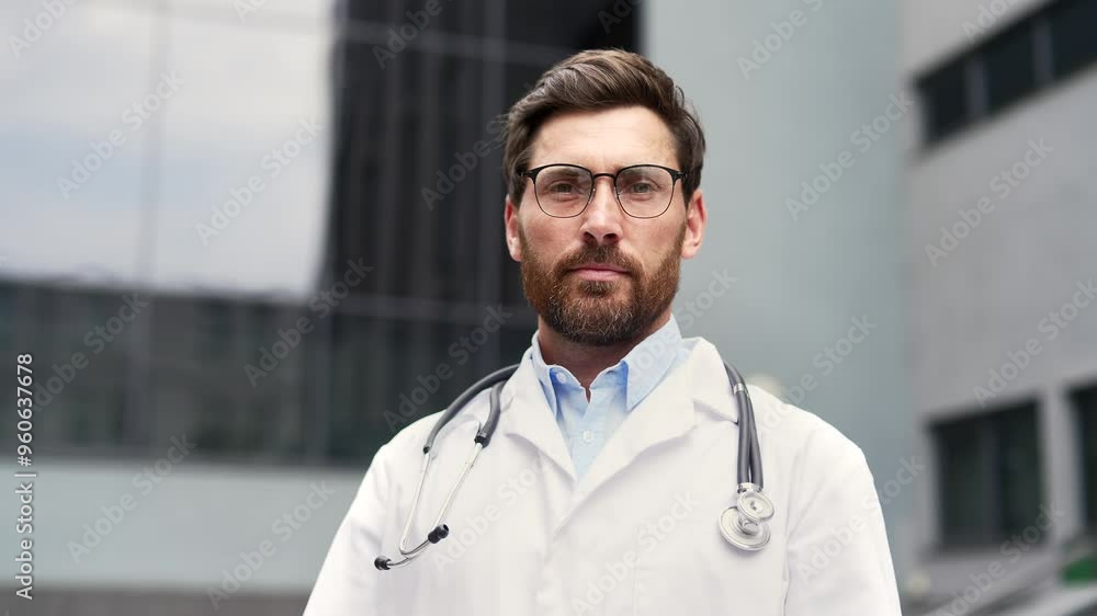 Confident male doctor in white lab coat with stethoscope standing outside medical office. Professional healthcare worker with glasses looking at camera, conveying trust and competence in urban setting Confident male doctor in white lab coat with stethoscope standing outside medical office. Professional healthcare worker with glasses looking at camera, conveying trust and competence in urban setting