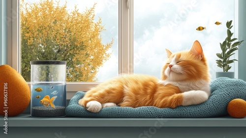 Family pets clipart with a dog in a bed, cat on a windowsill, and a fish tank on a white background photo