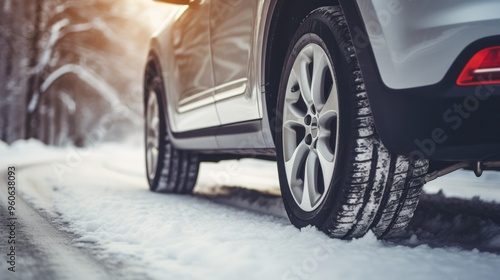 Winter tire. Detail of car tires in winter on the road covered with snow. Neural network ai generated art