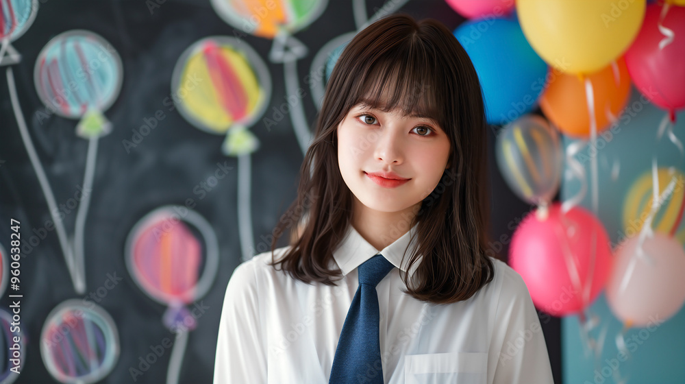 Fototapeta premium Asian young School girl Standing in Compact personality in front of a Blackboard with colorful balloons