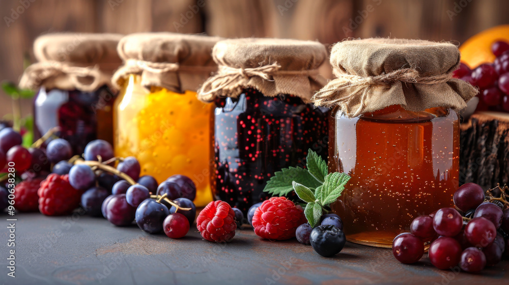 Variety of jam jars with fresh berries and mint leaves Variety of jam jars with fresh berries and mint leaves
