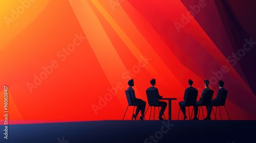 A group of people sitting at a table with an orange background, AI